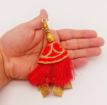 Red Tassels With Gold Beads, Beaded Tassels With Red and Gold Embroidery, Traditional Indian Latkan